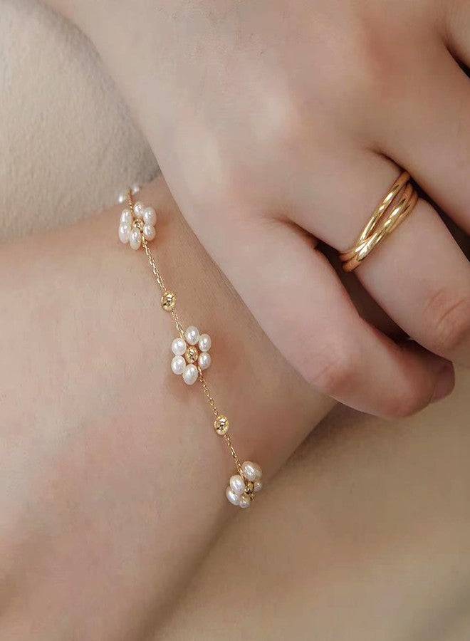 Zeffy Gold Bracelets for Women - 14K Gold Plated Pearl Daisy Flower Beaded Station Pearl Bracelets - Image 2